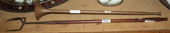 19th century wrought iron toasting fork and a copper hunting horn